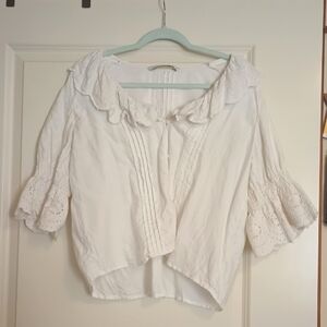 White Eyelet Ruffle Linen Button Peasant Cottagecore Blouse